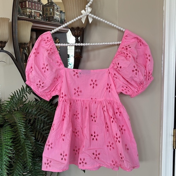 ASOS Bubblegum Pink Eyelet Puff Sleeve Top Ruffle Barbiecore 100% Cotton - Picture 12 of 14